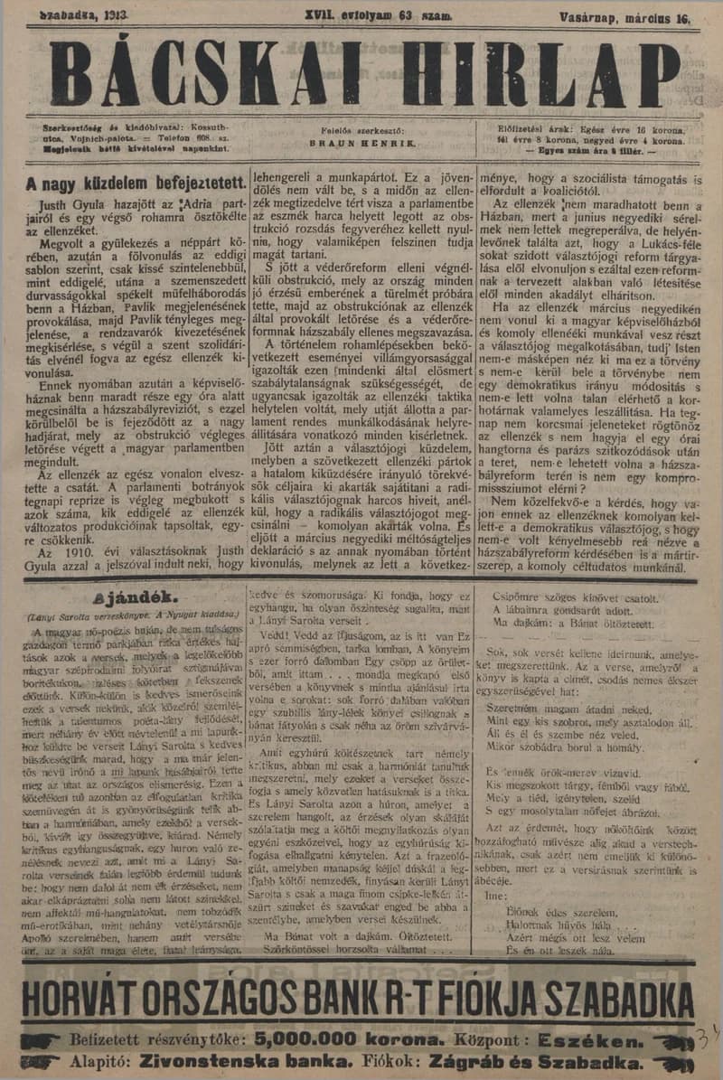 Bácskai Hirlap, 17. évf. 1913. március 16. 63. sz.