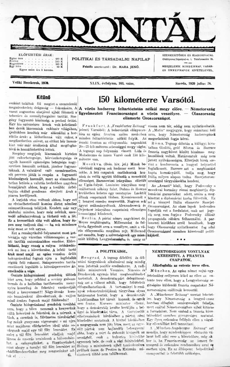 Torontál, 49. évf. 1920. július 28. 163. sz.