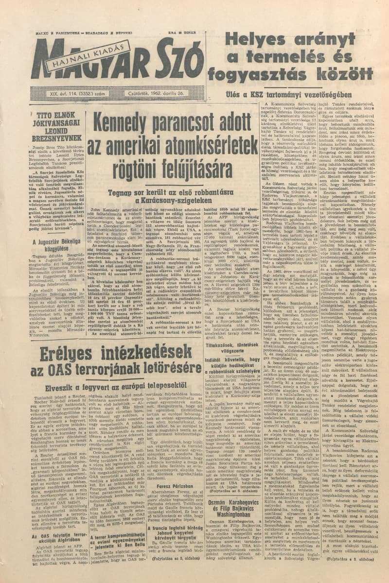 Magyar Szó, 19. évf. 1962. április 26. 114. sz. 1–16. oldal