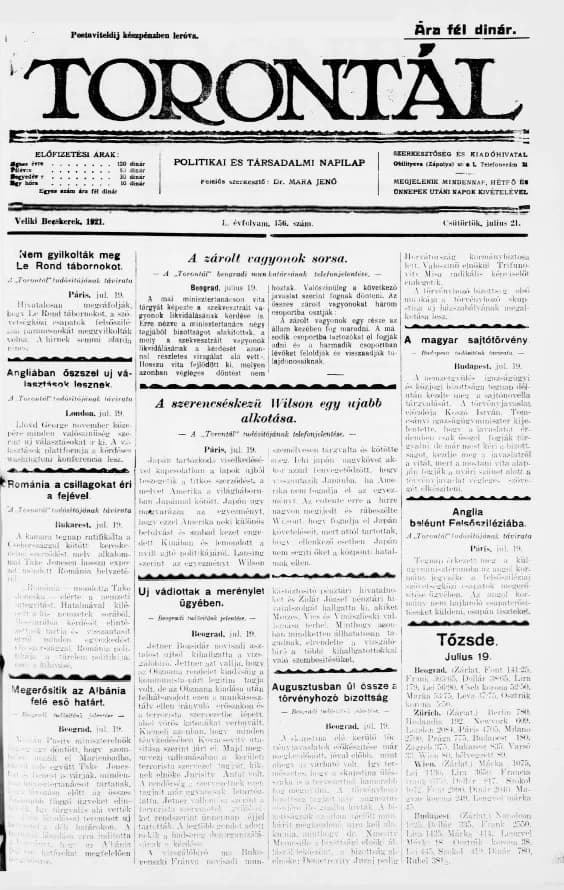 Torontál, 50. évf. 1921. július 21. 156. sz.