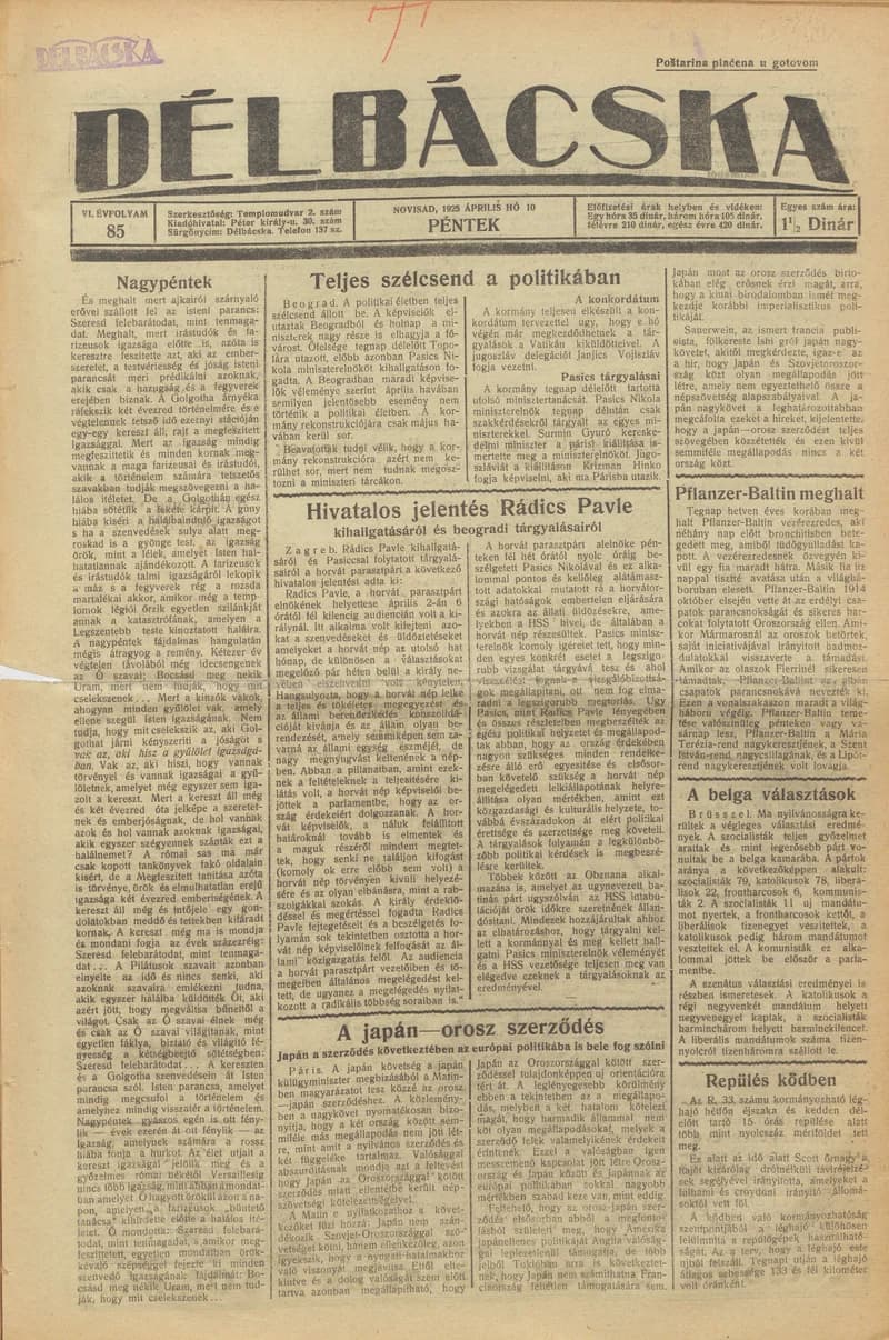 Délbácska, 6. évf. 1925. április 10. 85. sz.