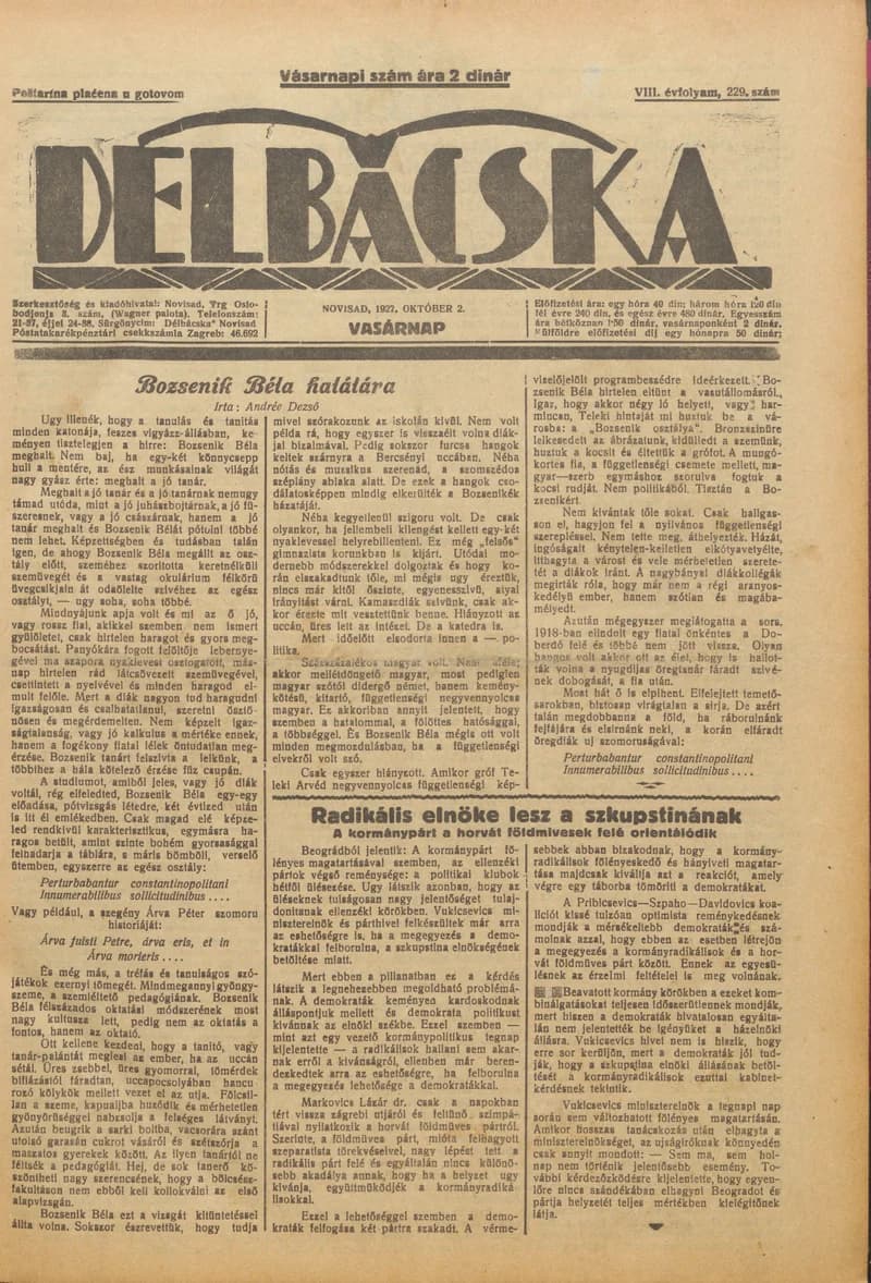 Délbácska, 8. évf. 1927. október 2. 229. sz.