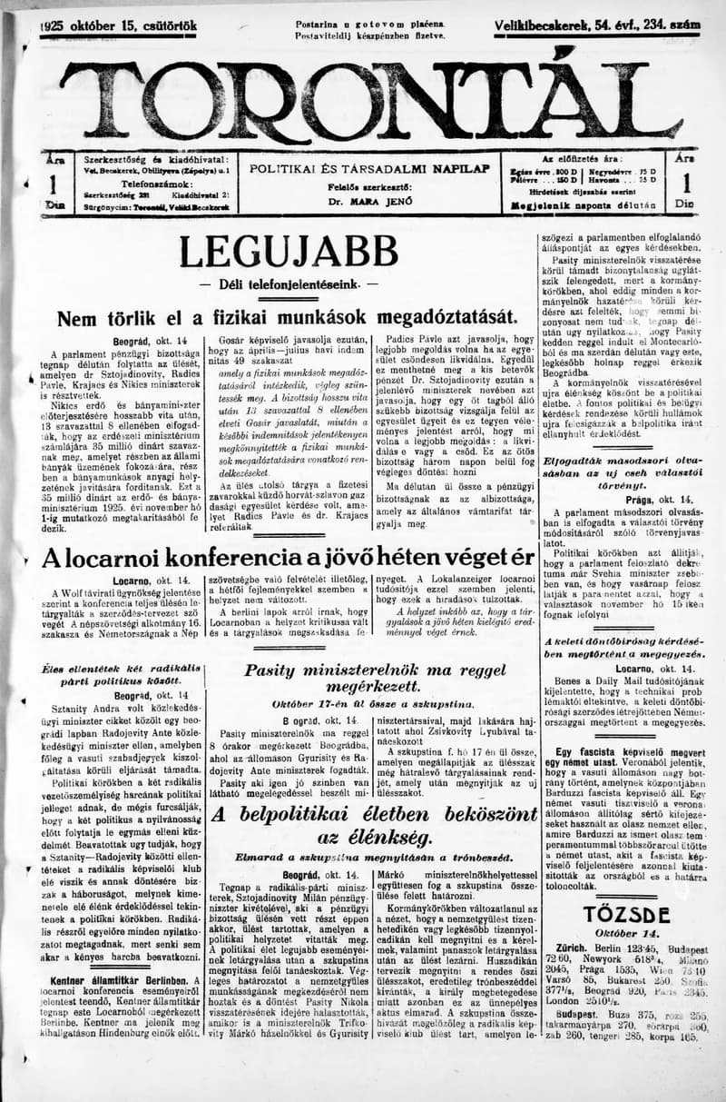 Torontál, 54. évf. 1925. október 15. 234. sz.