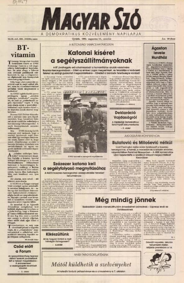 Magyar Szó, 49. évf. 1992. augusztus 15. 223. sz. 1–16. oldal