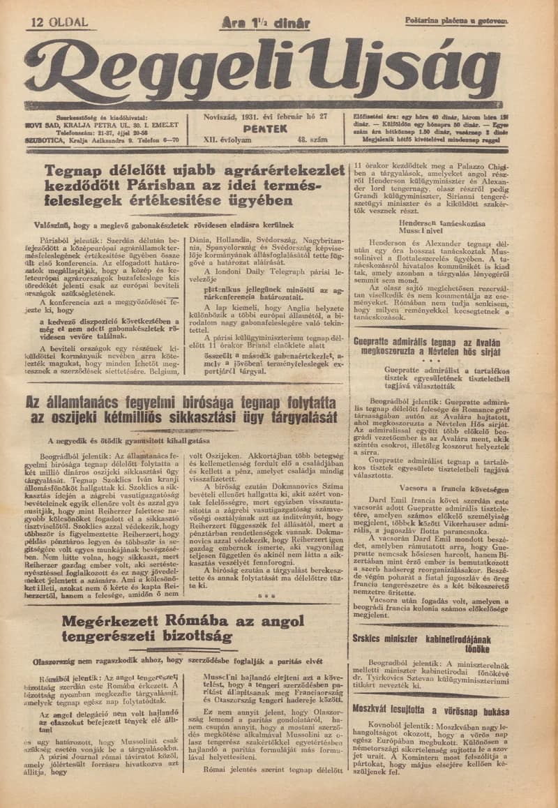 Reggeli Újság, 12. évf. 1931. február 27. 48. sz.