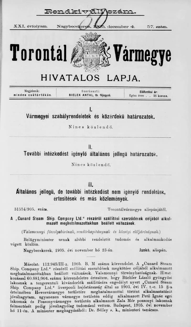 Torontál Vármegye Hivatalos Lapja, 21. évf. 1905. december 4. 57. sz.