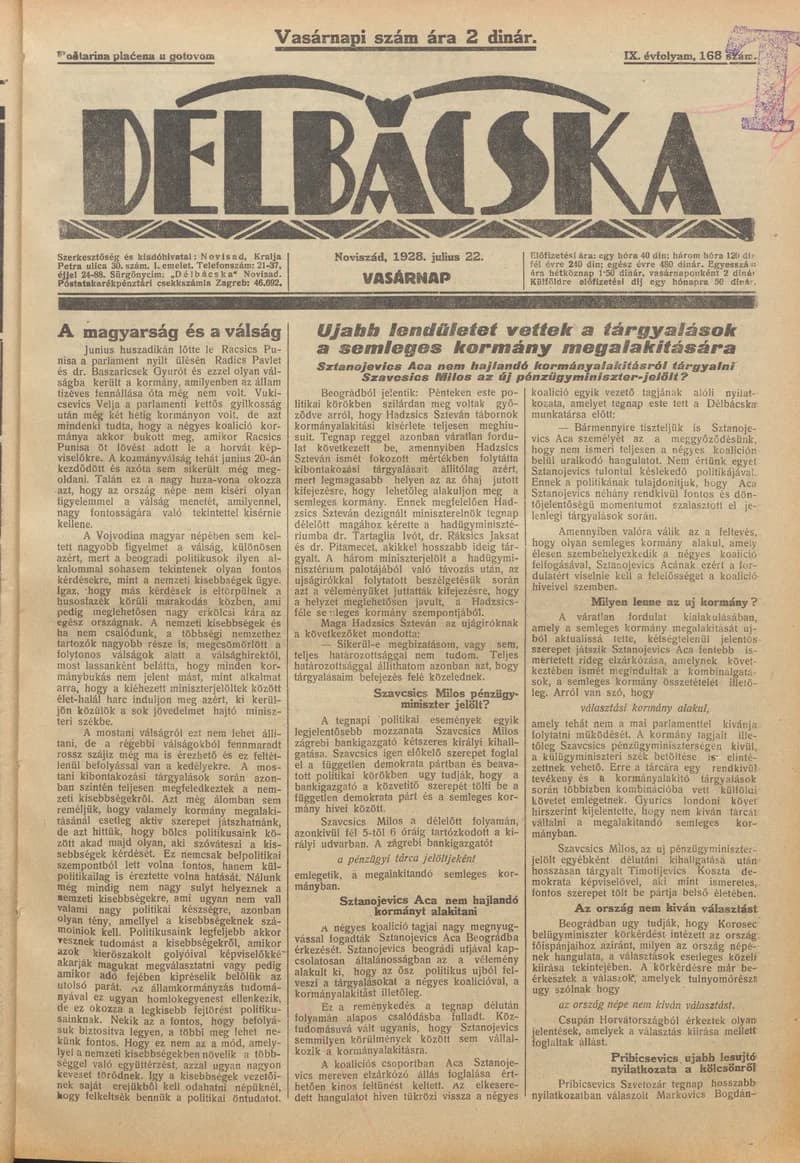 Délbácska, 9. évf. 1928. július 22. 168. sz.