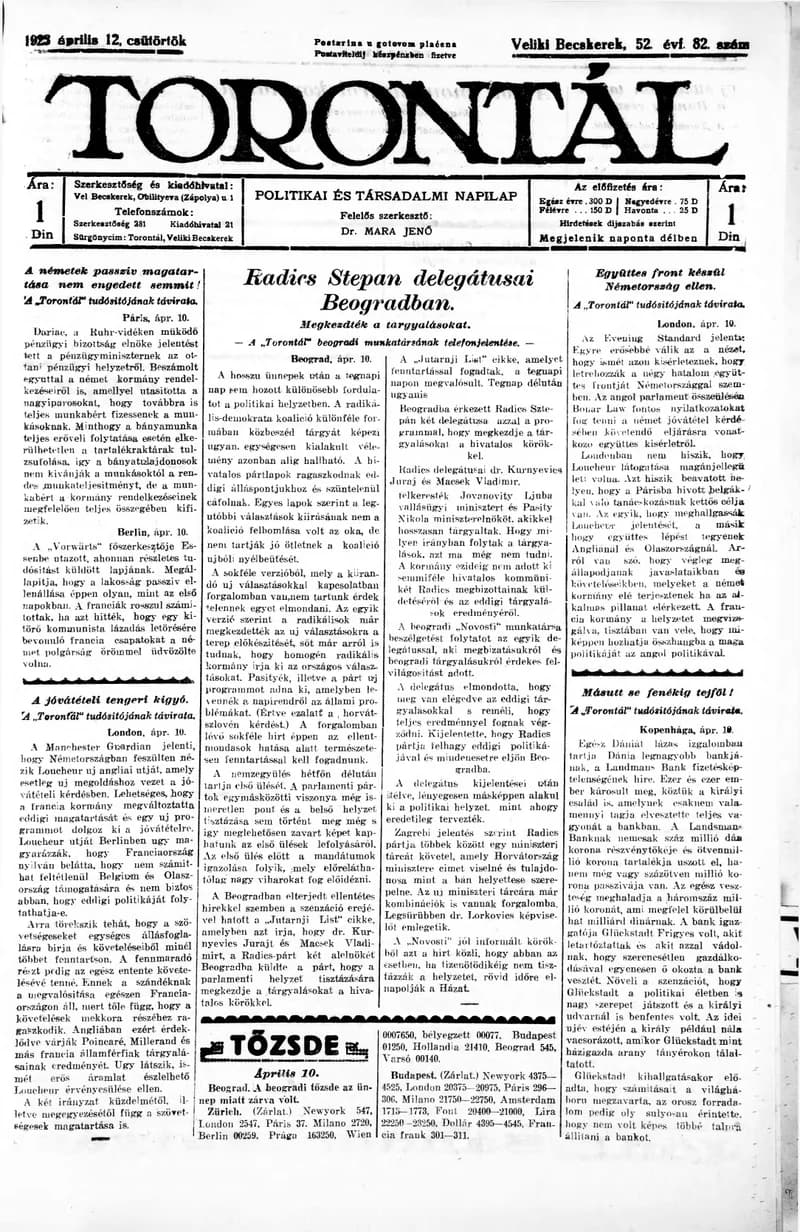 Torontál, 52. évf. 1923. április 12. 82. sz.