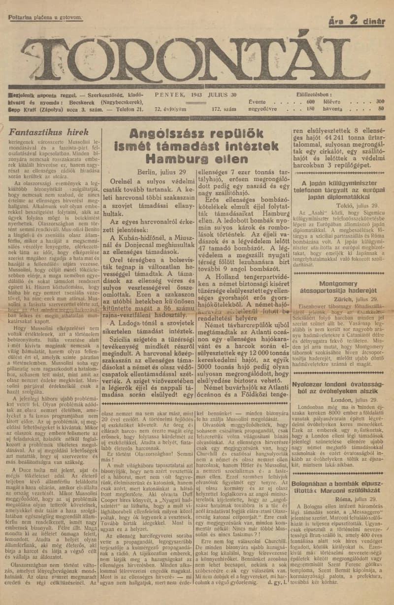 Torontál, 72. évf. 1943. július 30. 172. sz.