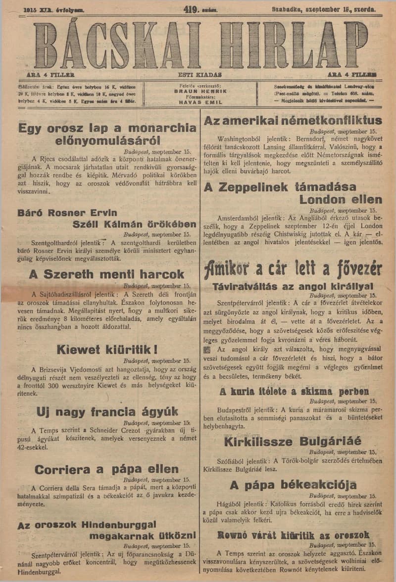 Bácskai Hirlap, 19. évf. 1915. szeptember 15. 419. sz.