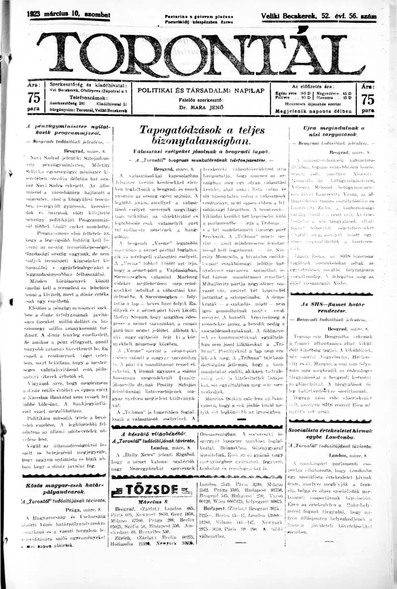 Torontál, 52. évf. 1923. március 10. 56. sz.