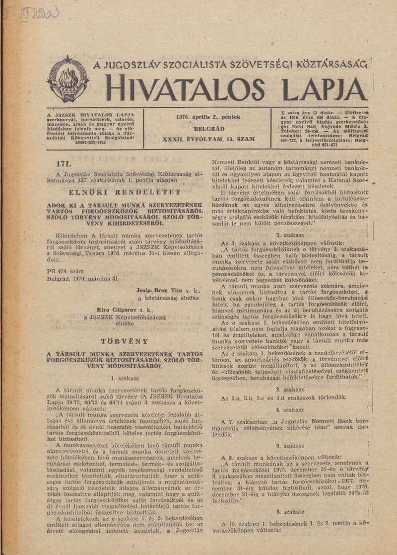A Jugoszláv Szocialista Szövetségi Köztársaság Hivatalos Lapja, 32. évf. 1976. április 2. 13. sz. 337–360. oldal