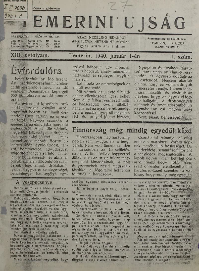 Temerini Újság 1928-1944, 13. évf. 1940. január 1. 1. sz.