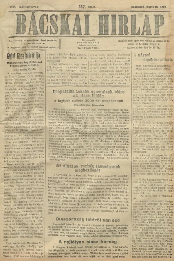 Bácskai Hirlap, 22. évf. 1918. június 18. 137. sz.