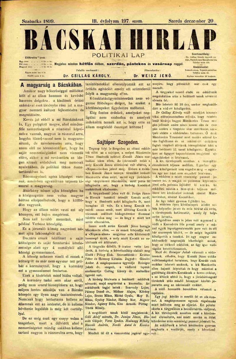 Bácskai Hirlap, 3. évf. 1899. december 20. 197. sz.
