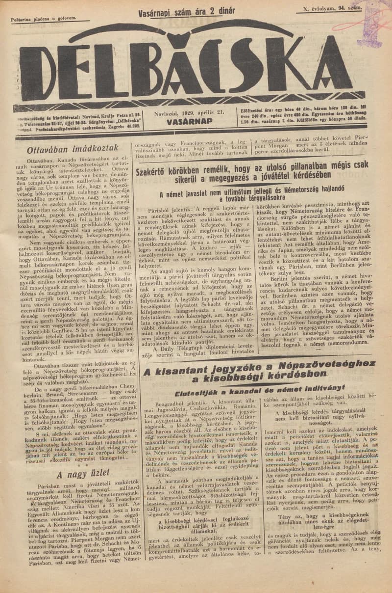 Délbácska, 10. évf. 1929. április 21. 94. sz.