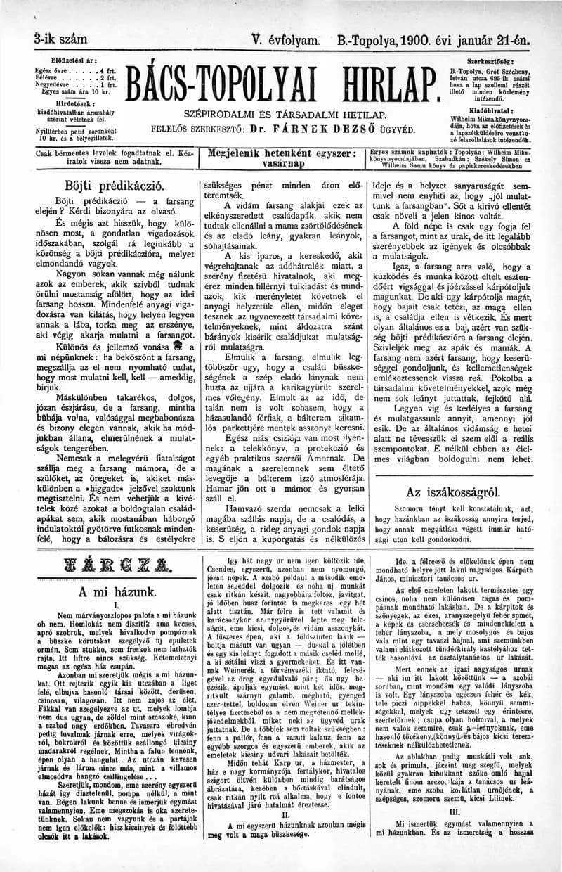 Bács-Topolyai Hirlap, 5. évf. 1900. január 21. 3. sz.