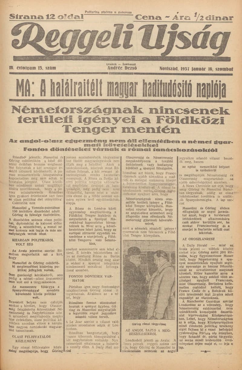 Reggeli Újság, 18. évf. 1937. január 16. 15. sz.