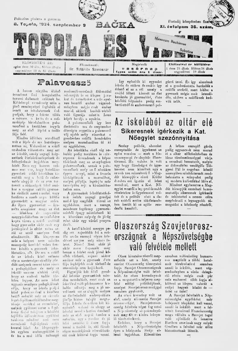 Bačka Topola és Vidéke, 11. évf. 1934. szeptember 9. 36. sz.