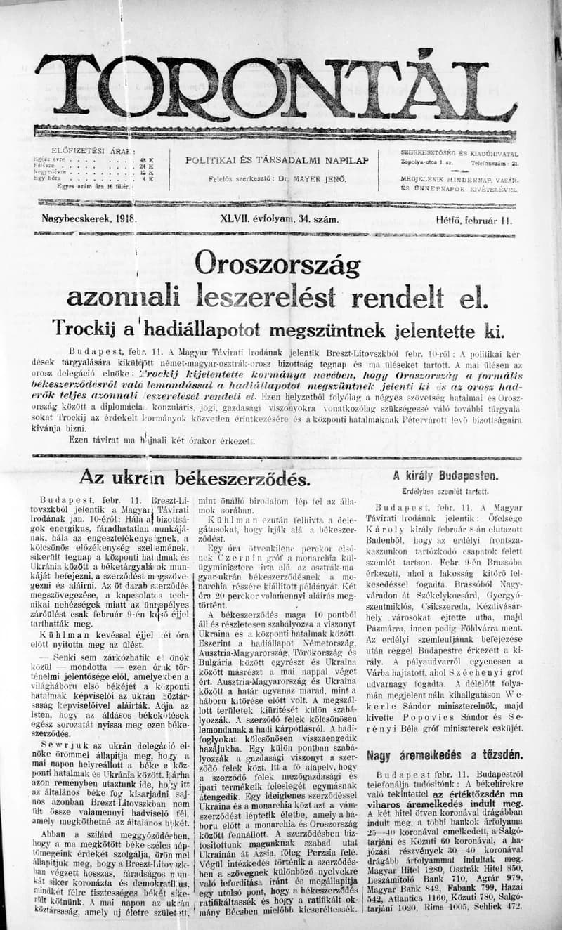 Torontál, 47. évf. 1918. február 11. 34. sz.