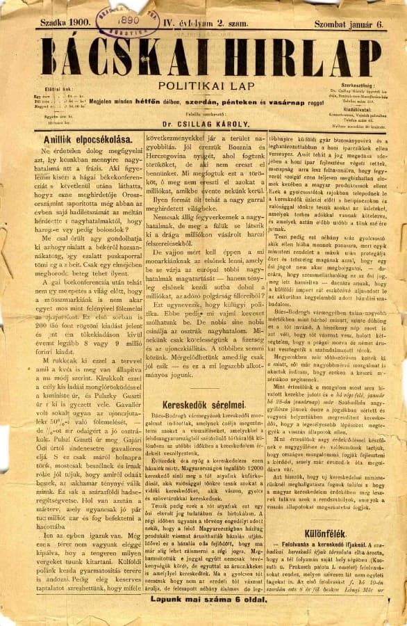 Bácskai Hirlap, 4. évf. 1900. január 6. 2. sz.