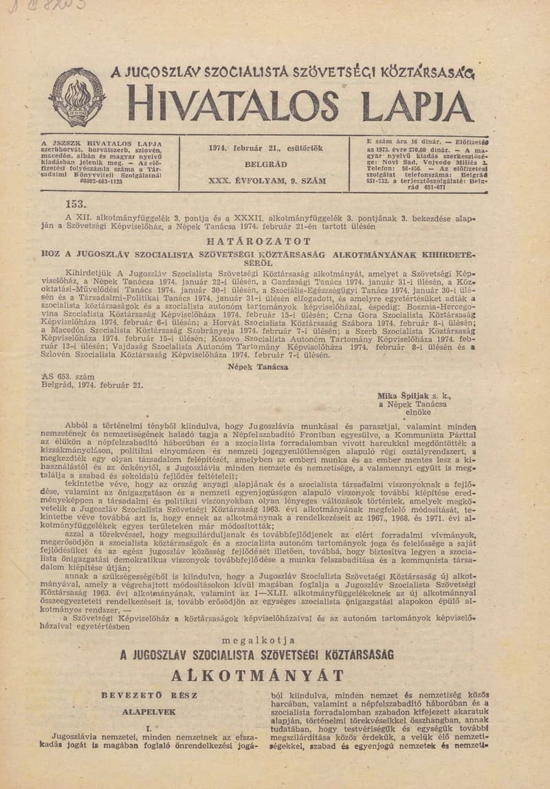 A Jugoszláv Szocialista Szövetségi Köztársaság Hivatalos Lapja, 30. évf. 1973. február 21. 9. sz. 209–272. oldal