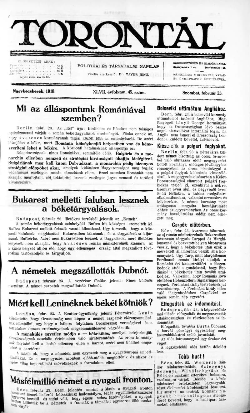 Torontál, 47. évf. 1918. február 23. 45. sz.