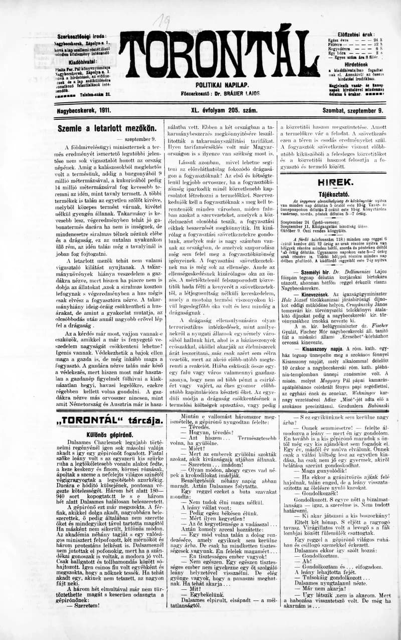 Torontál, 40. évf. 1911. szeptember 9. 205. sz.