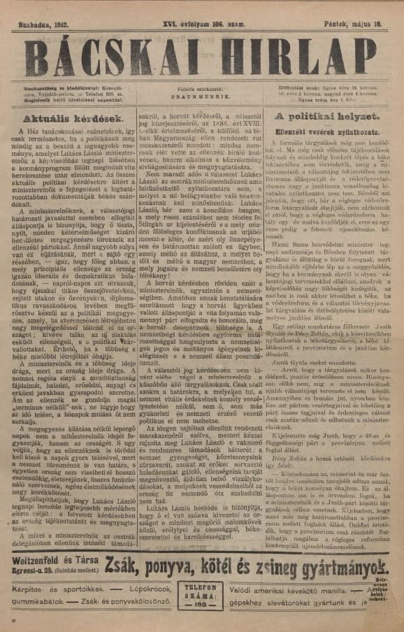 Bácskai Hirlap, 16. évf. 1912. május 10. 106. sz.