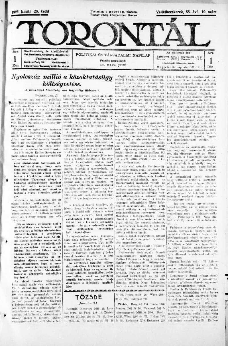 Torontál, 55. évf. 1926. január 26. 19. sz.