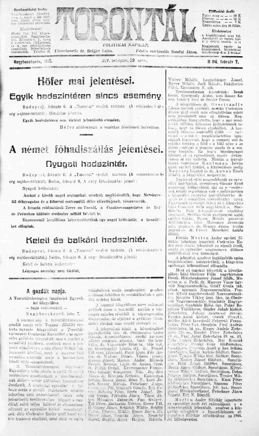 Torontál, 45. évf. 1916. február 7. 29. sz.