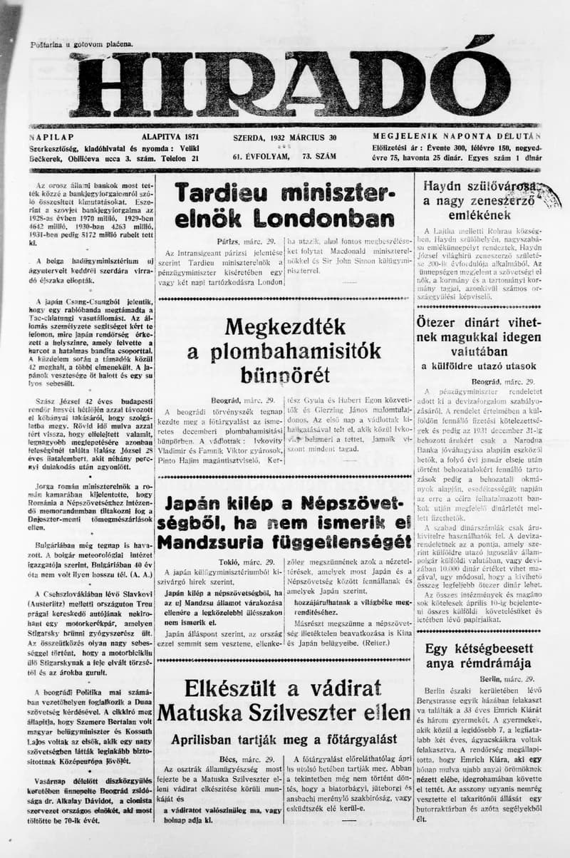 Híradó, 61. évf. 1932. március 30. 73. sz.