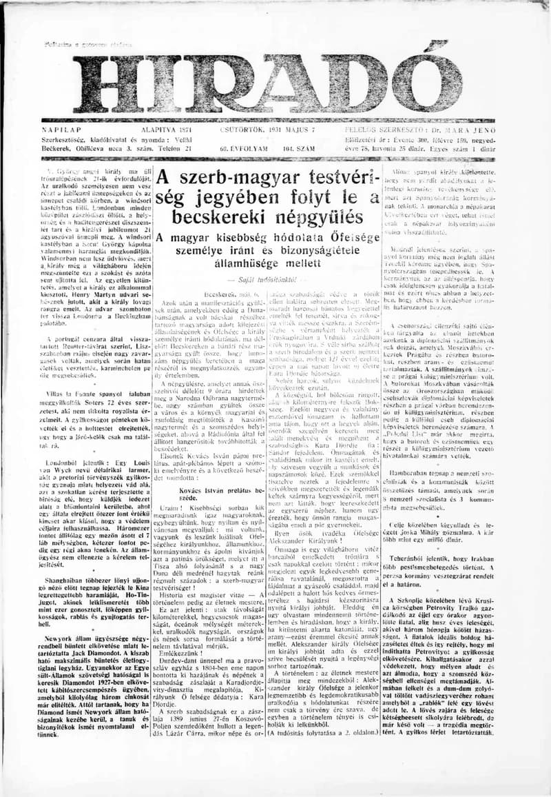 Híradó, 60. évf. 1931. május 7. 104. sz.