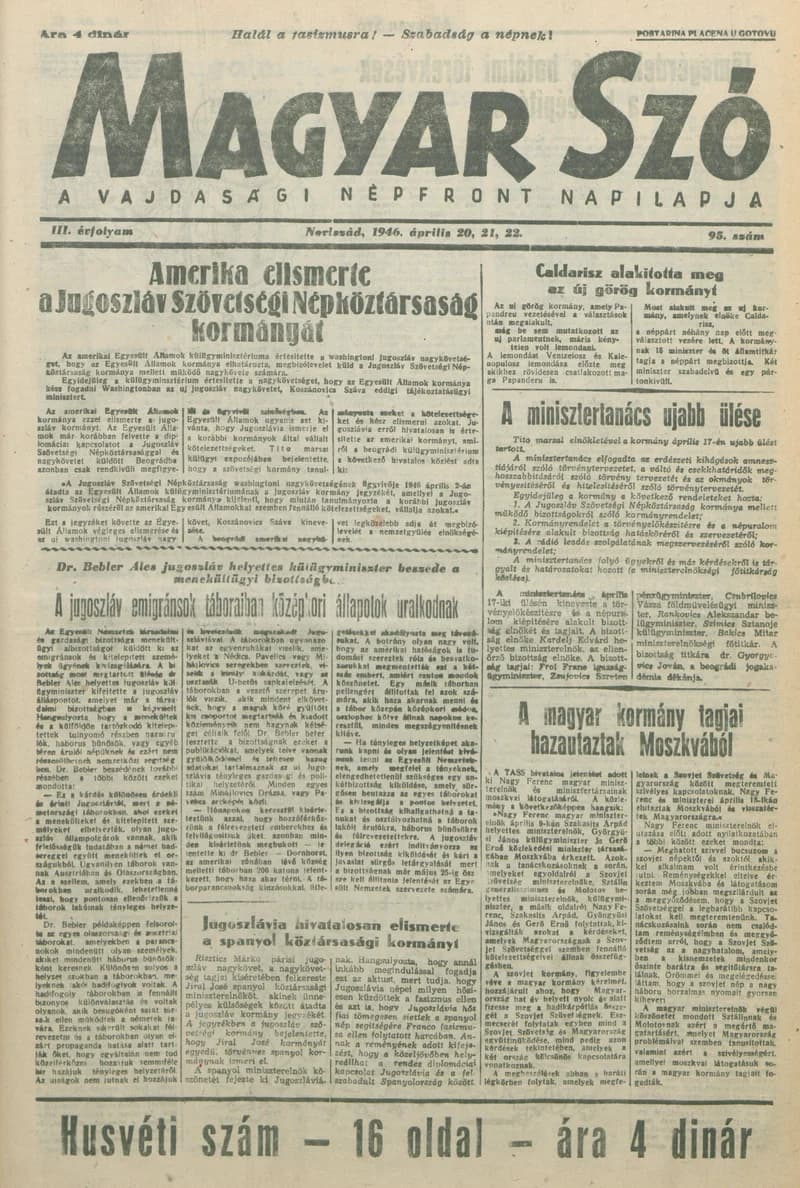 Magyar Szó, 3. évf. 1946. április 20. – 22. 95. sz. 1–16. oldal