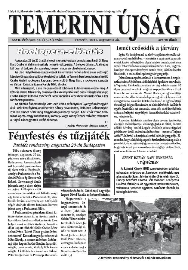 Temerini Újság, 27. évf. 2021. augusztus 26. 33. sz.