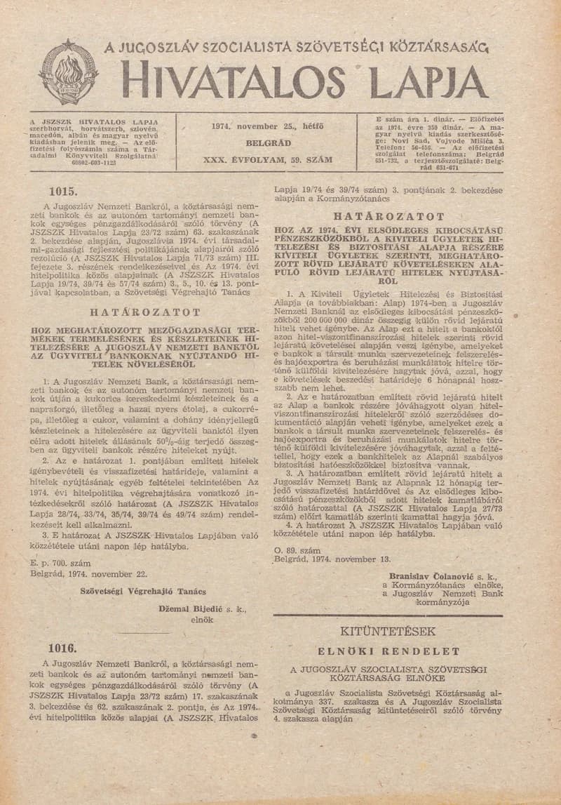 A Jugoszláv Szocialista Szövetségi Köztársaság Hivatalos Lapja, 30. évf. 1974. november 25. 59. sz. 1837–1940. oldal