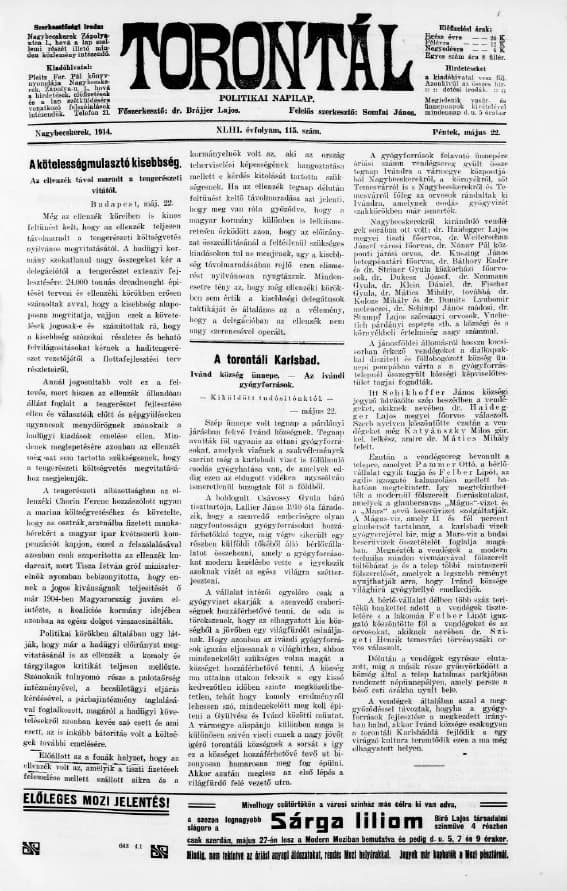 Torontál, 43. évf. 1914. május 22. 115. sz.