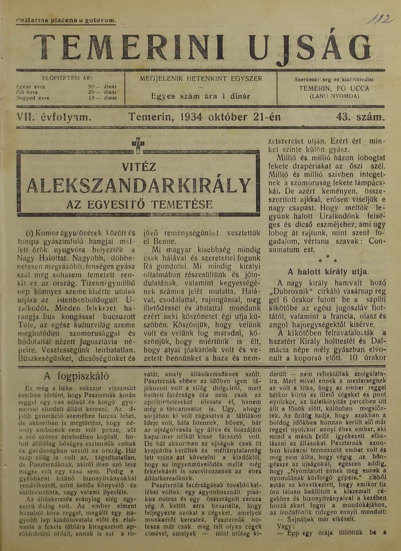 Temerini Újság 1928-1944, 7. évf. 1934. október 21. 43. sz.