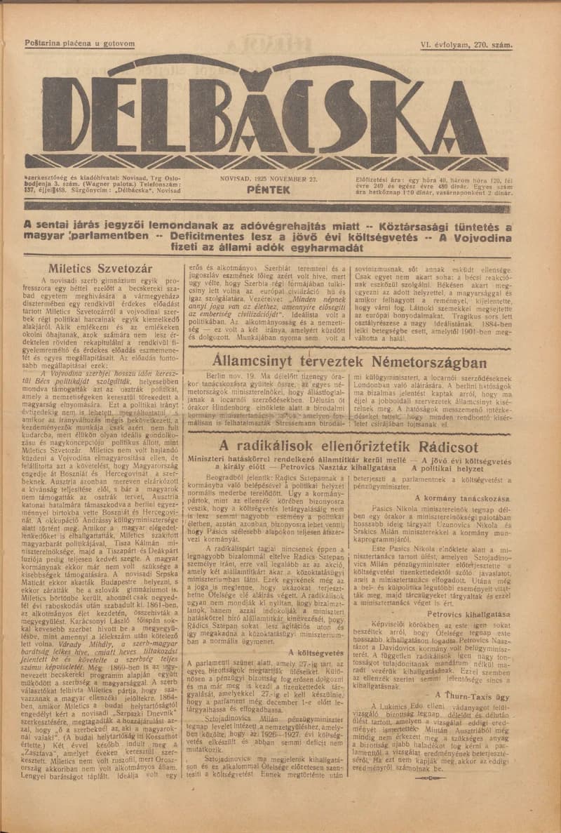 Délbácska, 6. évf. 1925. november 20. 270. sz.