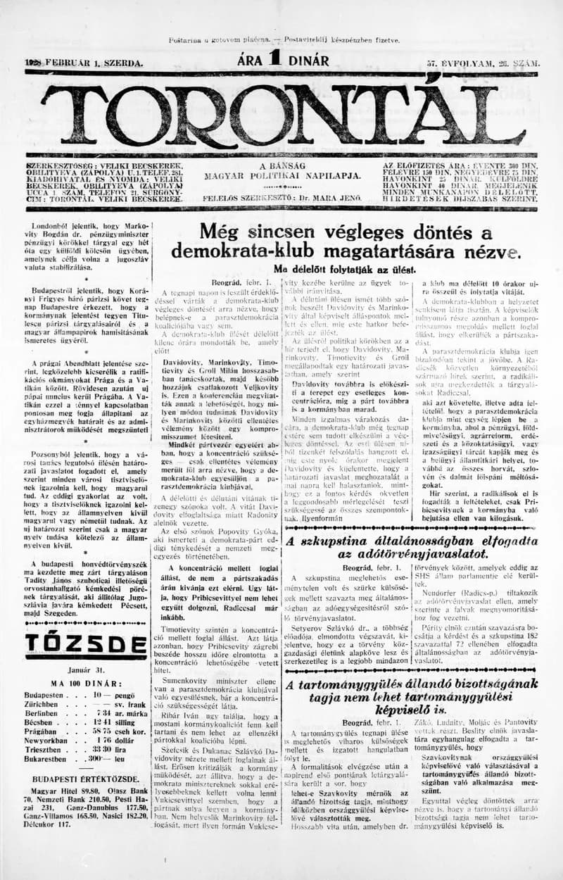 Torontál, 57. évf. 1928. február 1. 26. sz.