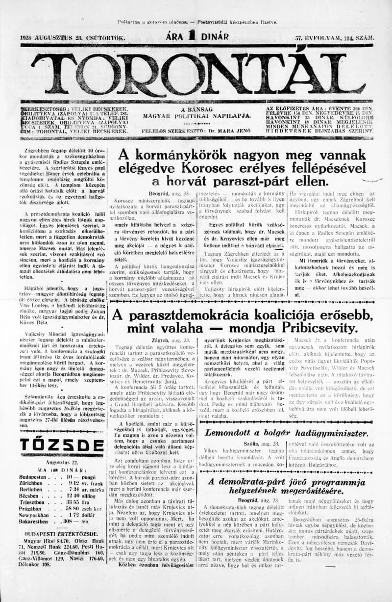 Torontál, 57. évf. 1928. augusztus 23. 194. sz.
