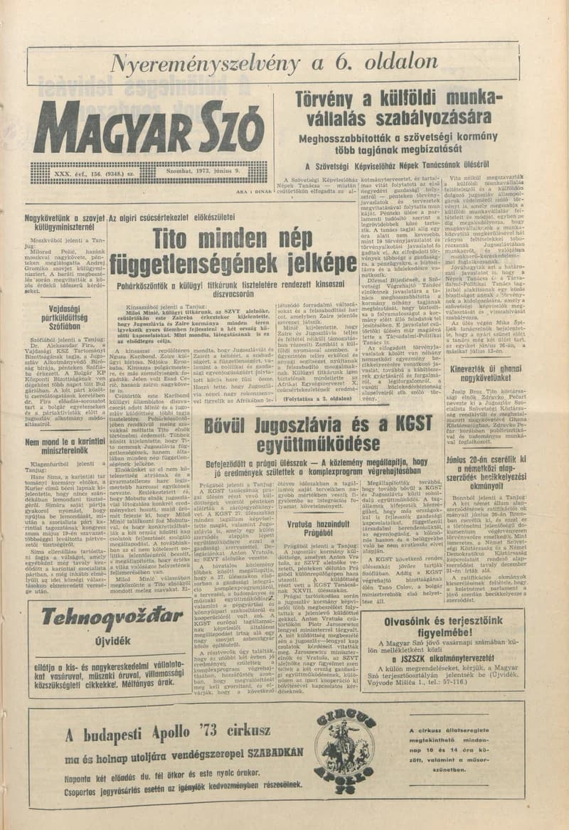 Magyar Szó, 30. évf. 1973. június 9. 156. sz. 1–16. oldal