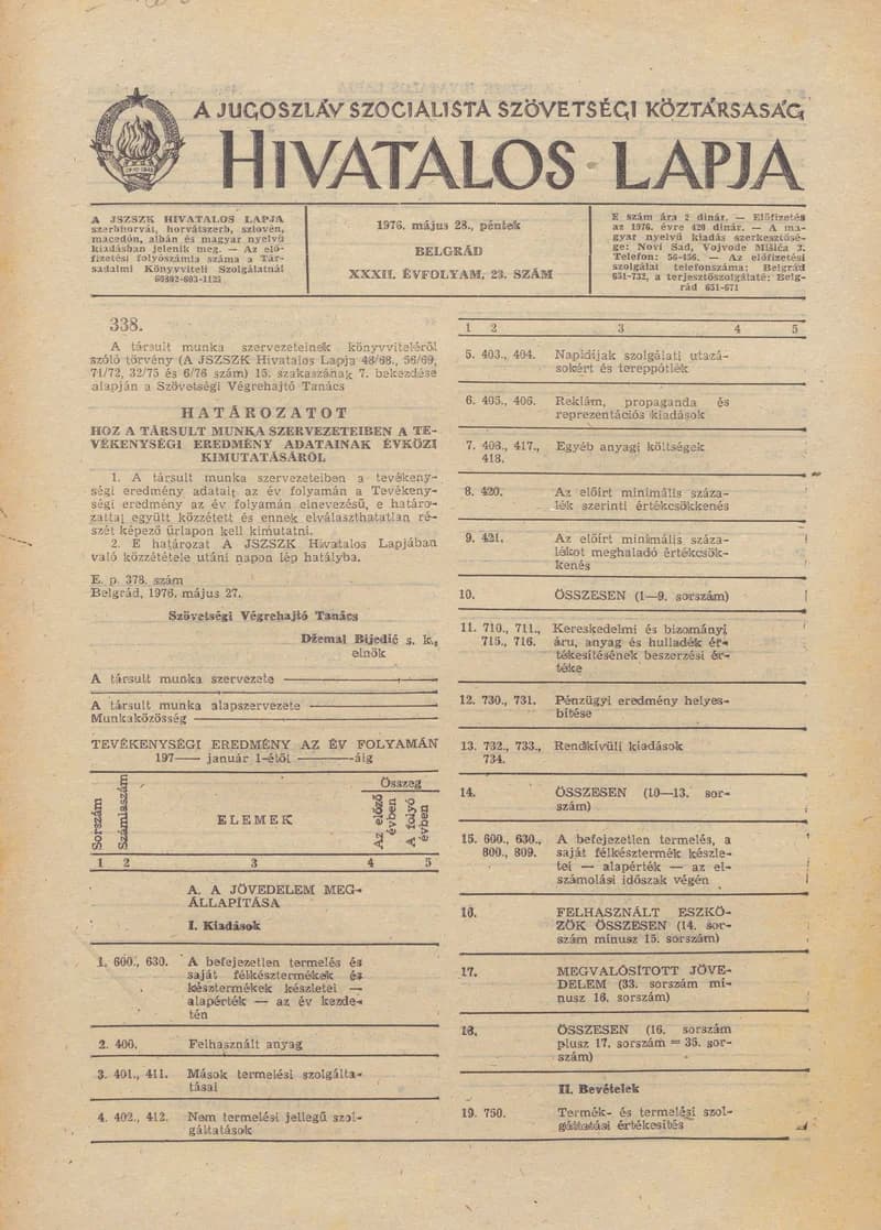A Jugoszláv Szocialista Szövetségi Köztársaság Hivatalos Lapja, 32. évf. 1976. május 28. 23. sz. 573–580. oldal
