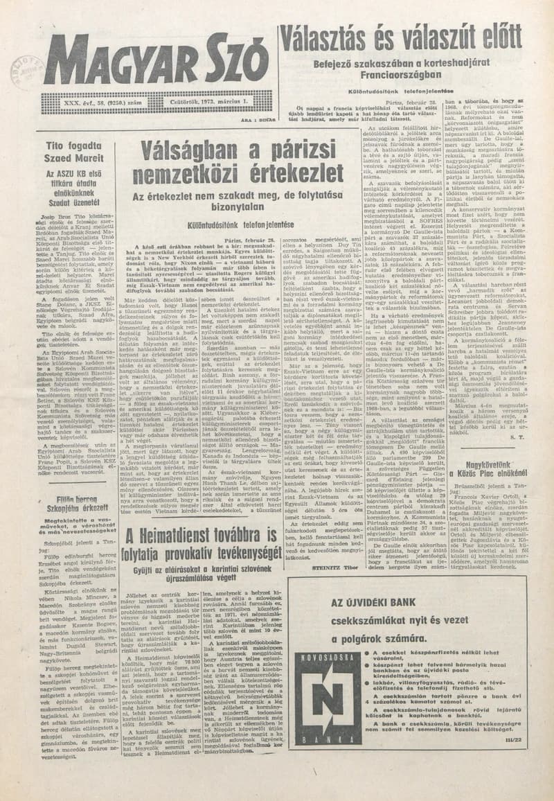 Magyar Szó, 30. évf. 1973. március 1. 58. sz. 1–16. oldal