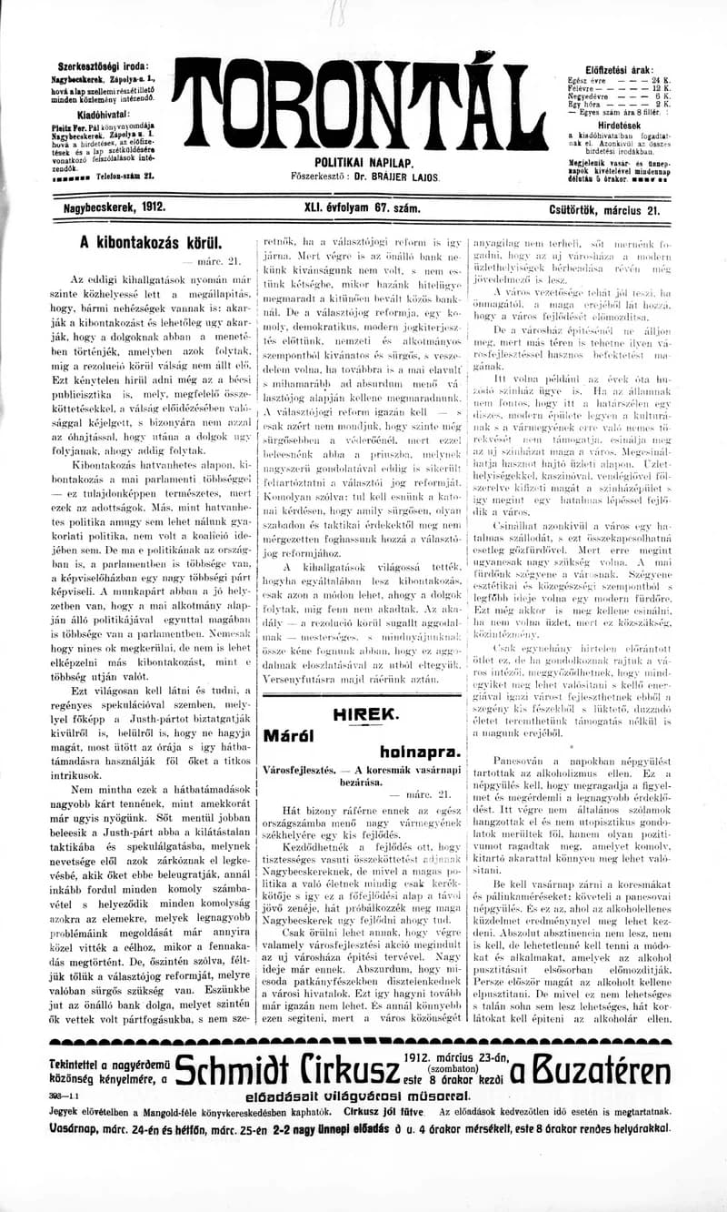 Torontál, 41. évf. 1912. március 21. 67. sz.