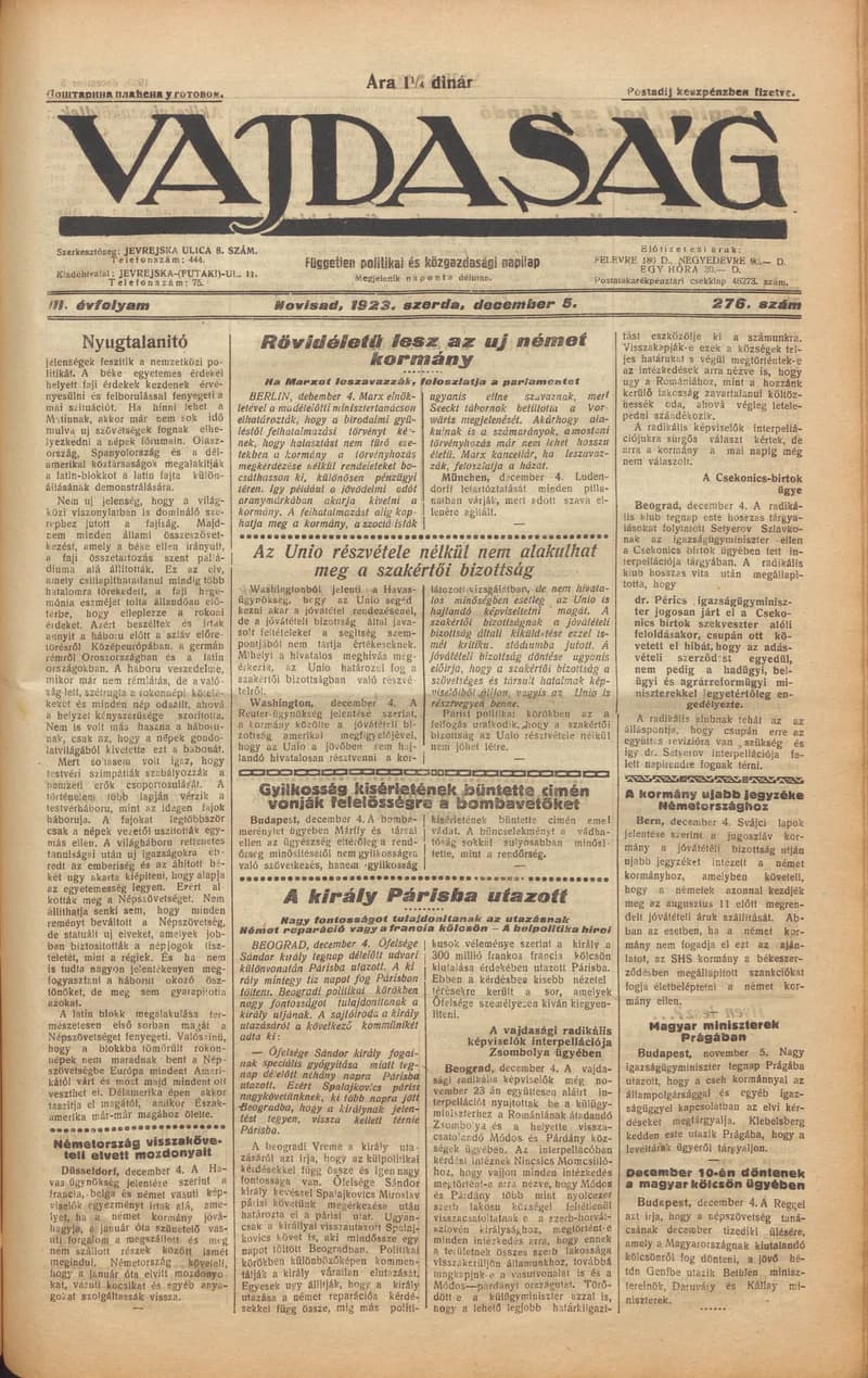 Vajdaság, 3. évf. 1923. december 5. 276. sz.
