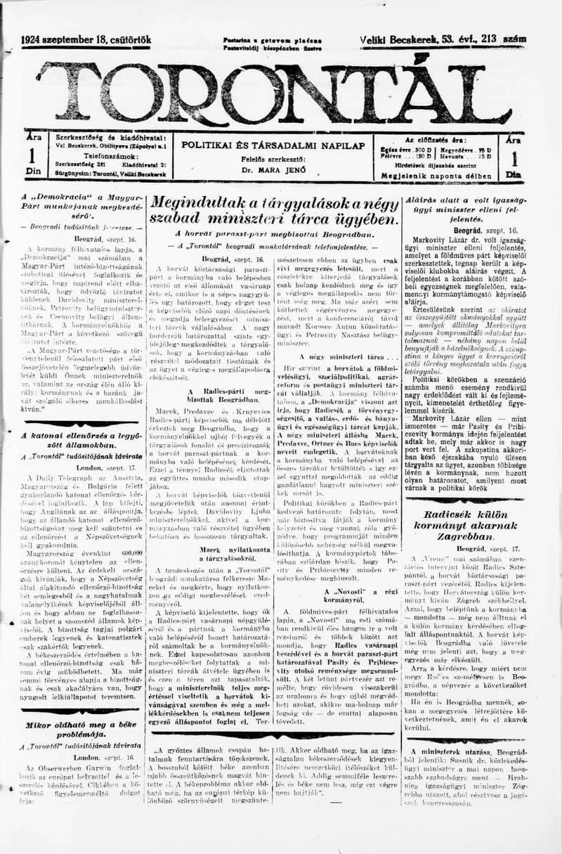 Torontál, 53. évf. 1924. szeptember 18. 213. sz.