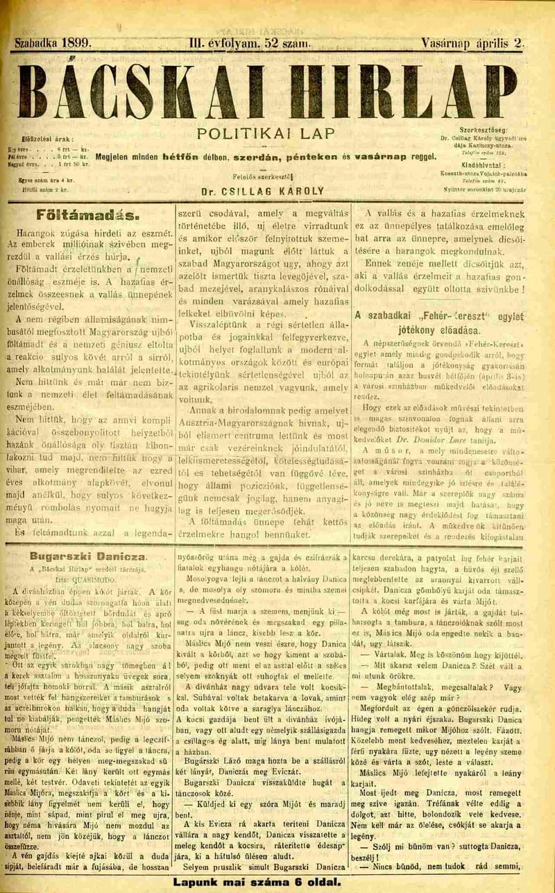 Bácskai Hirlap, 3. évf. 1899. április 2. 52. sz.