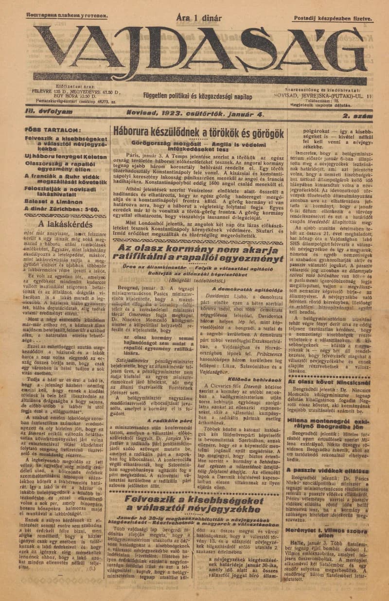 Vajdaság, 3. évf. 1923. január 4. 2. sz.