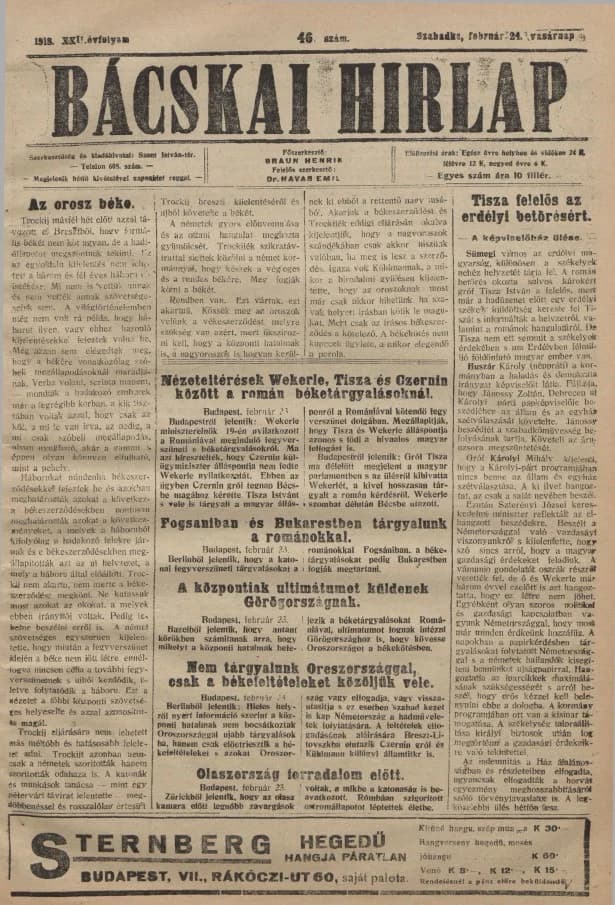 Bácskai Hirlap, 22. évf. 1918. február 24. 46. sz.